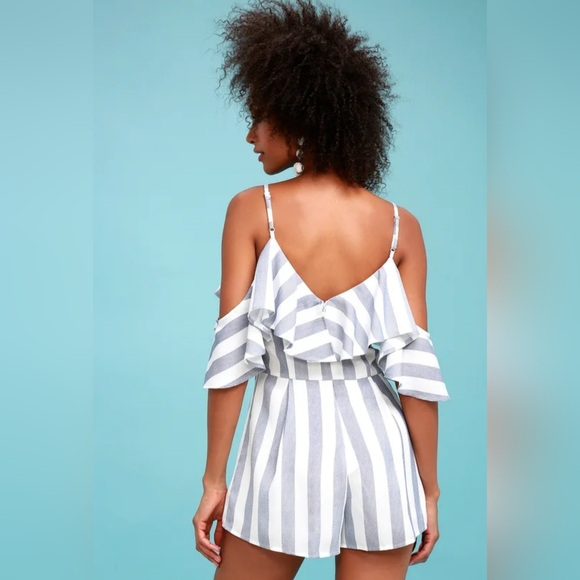 Lulus Beach House Blue and White Striped Off-the-Shoulder Romper, Size XS - Picture 2 of 8